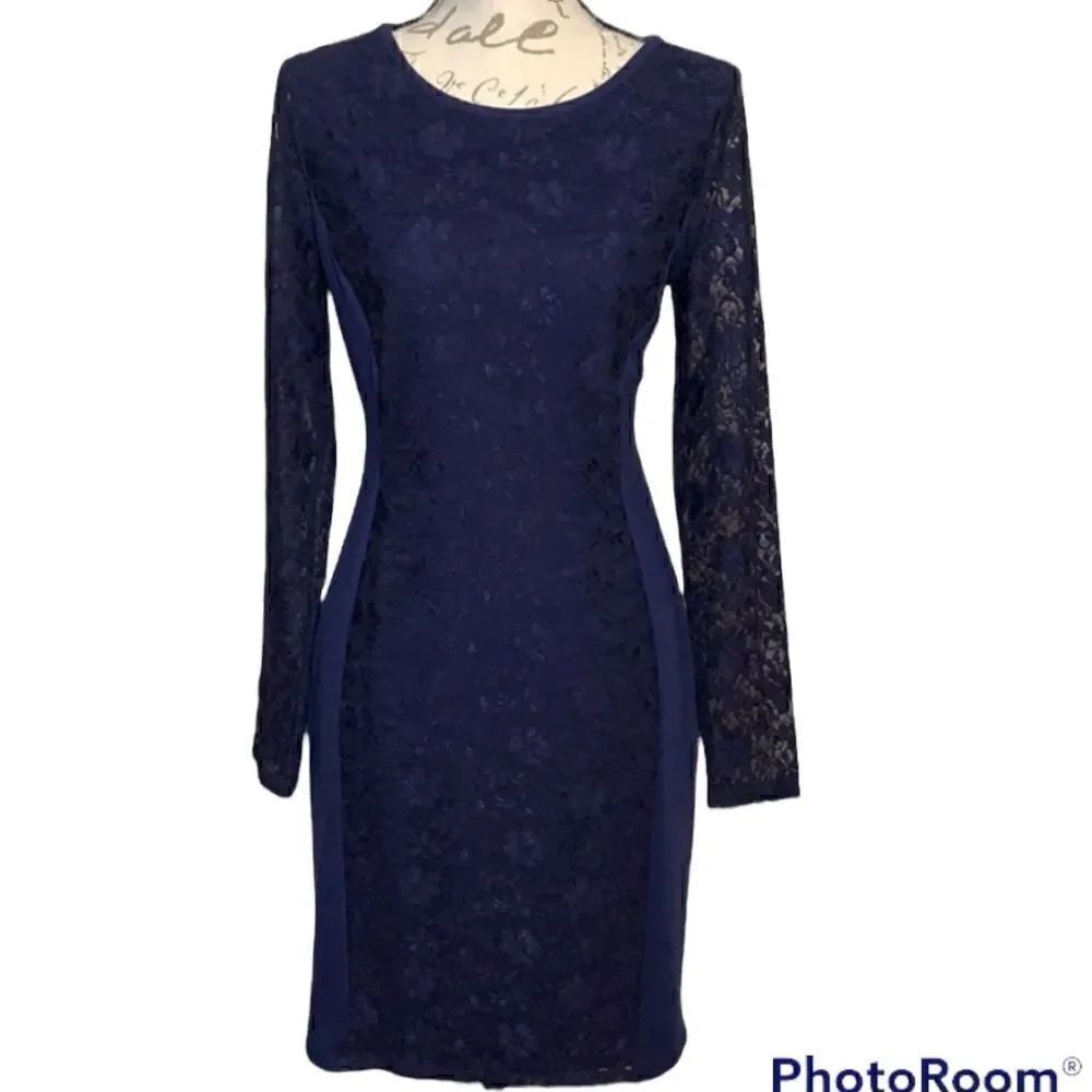Antonio Melani Navy Lace Trimmed Dress with Lace Sleeves Size S